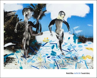 Color image of a poster with a color photograph of a mixed media artwork depicting two figures on a beach