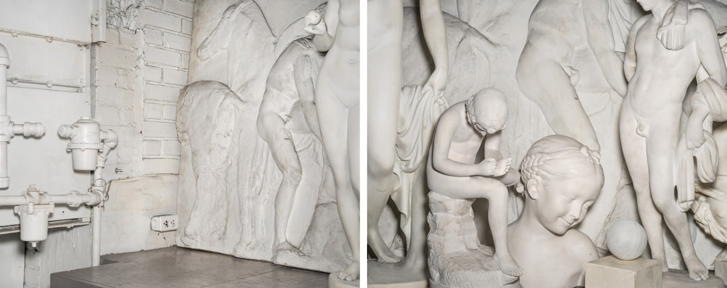 Diptych of color photographs depicting white statues in various poses against a white brick wall