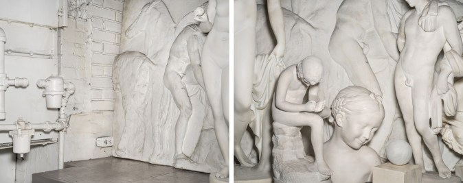 Diptych of color photographs depicting white statues in various poses against a white brick wall