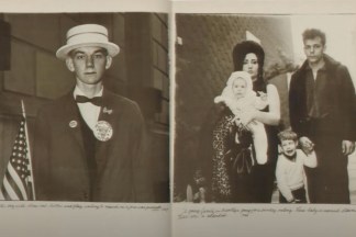 Color scan of a black and white spread of two photographs, one depicting a family on the street and the other a formally dressed man with an American flag