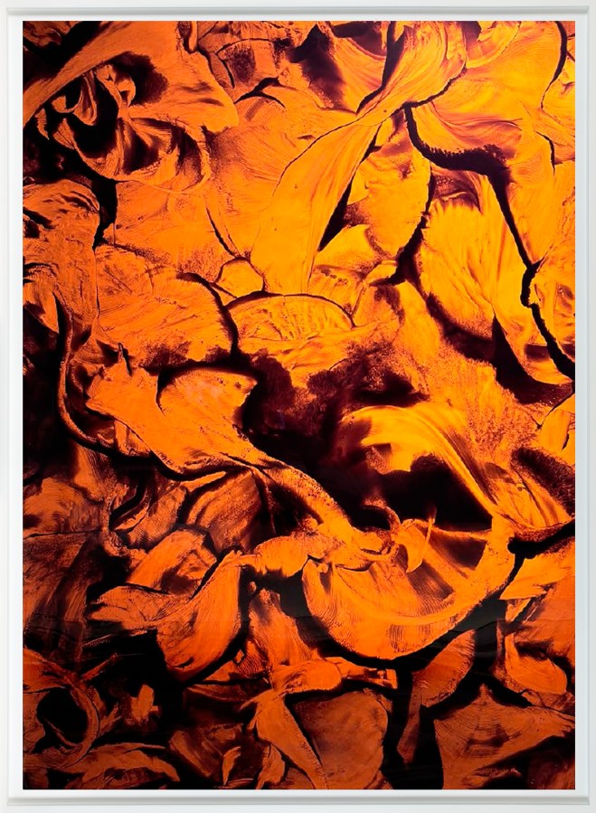 Color photograph of snake trails made in powder, rendered in hues of orange and yellow, in a white frame.