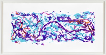 Color print of purple, blue and red trails of splatter marks across a white background