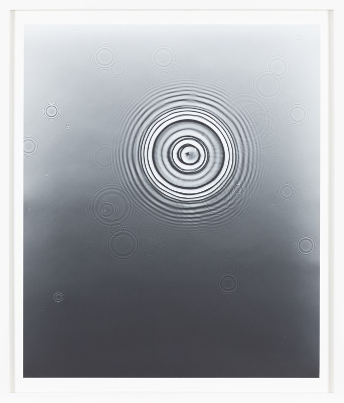 Black and white photograph of water droplets on grey background