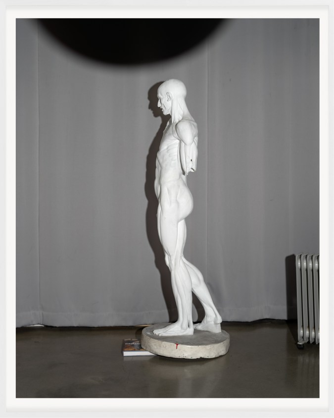 A color photograph shows a white plaster statue of a nude figure in front of a grey background.