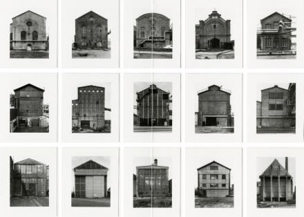 Grid of twelve black and white photographs of industrial buildings taken from straight on
