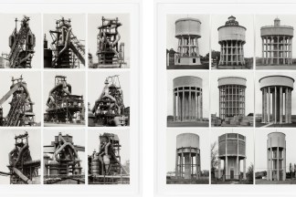 Color image of four black and white photographs depicting various girds of towers