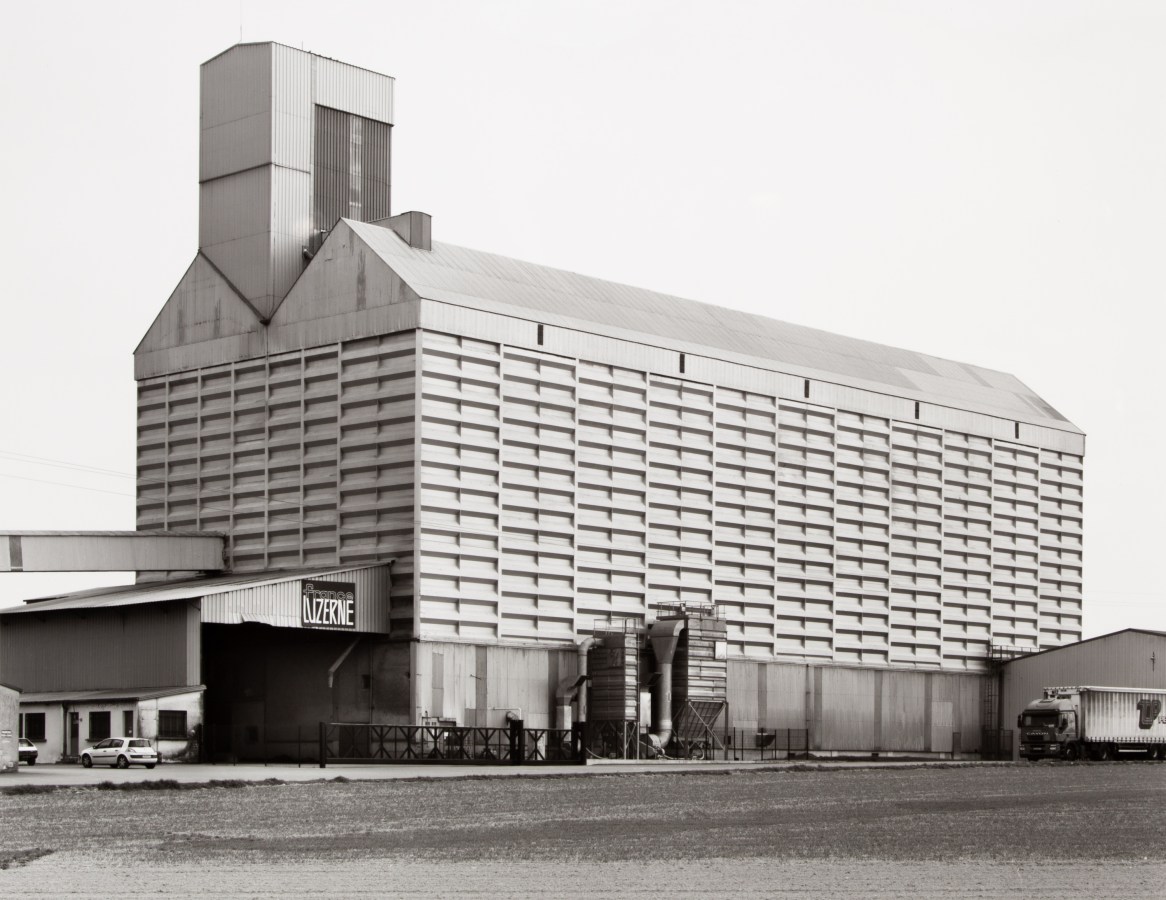 Black and white photograph of grain elevator exterior
