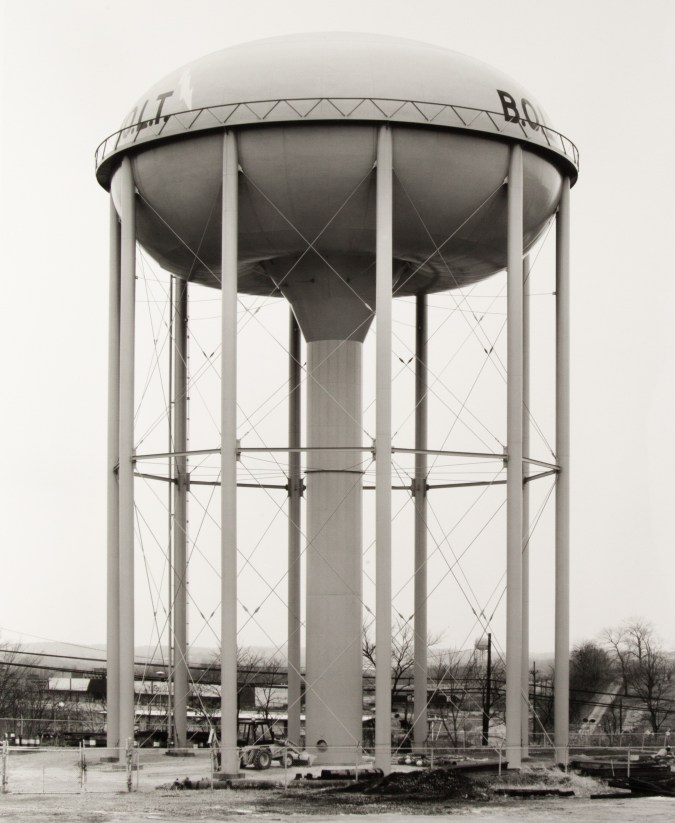 Black and white photograph of a water tower