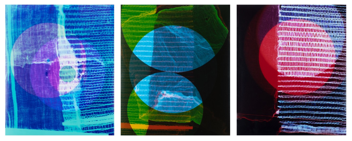 Triptych of unique photograms depicting unique circular forms and lines in shades of blue, green, red, and purple