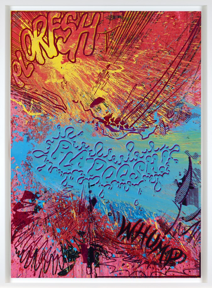 A framed many-color abstract painting that includes the words "plorfsh," "pla-doosh," and "whump."