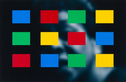 Artwork showing a soft-focus blue-toned portrait overlayed with blue, yellow, green, and red color blocks.