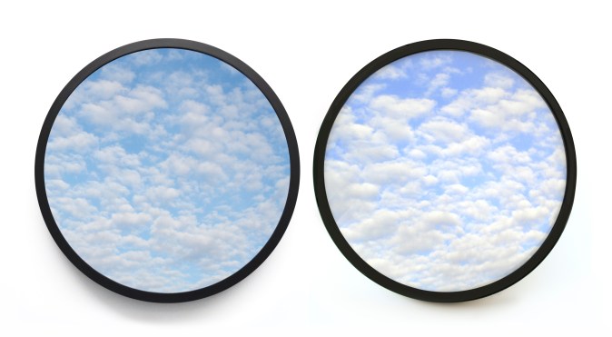 Color image of two circular color photographs of clouds in the sky framed in black
