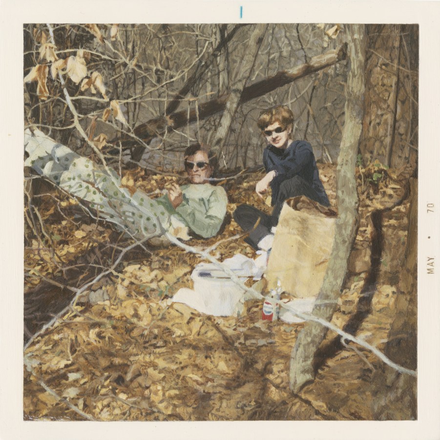 Painting of two people wearing sunglasses having a picnic in a forest