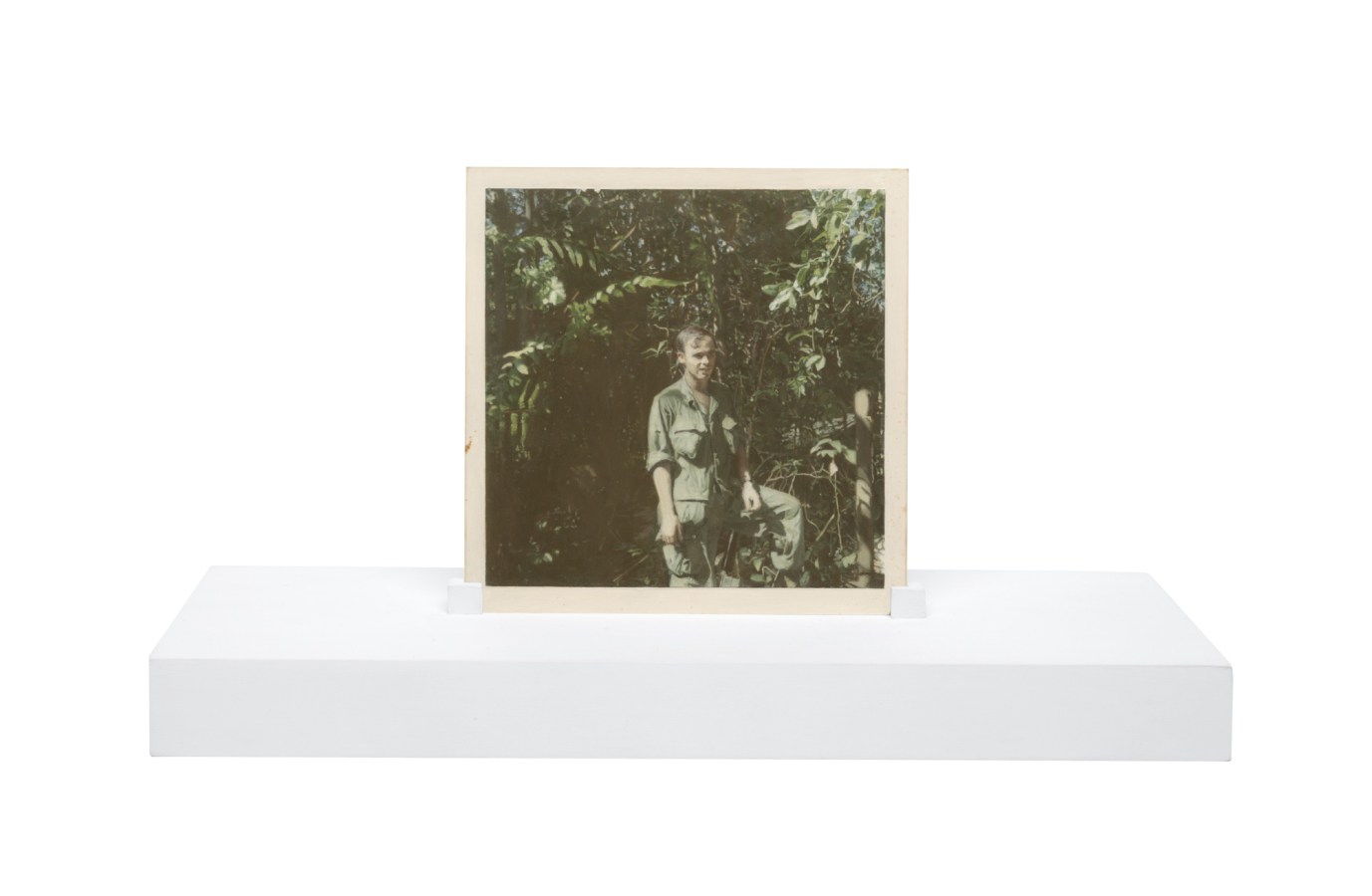 Painting of a person wearing fatigues standing in front of trees on a white wooden stand