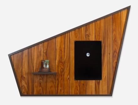 Color image of unique framed artwork including two hyperrealistic paintings of a photograph and a poster of earth attached to painted wood panel