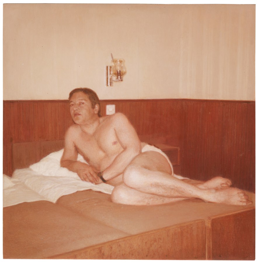 Color photograph of a realistically rendered painting depicting a photograph of a semi nude figure laying on a bed