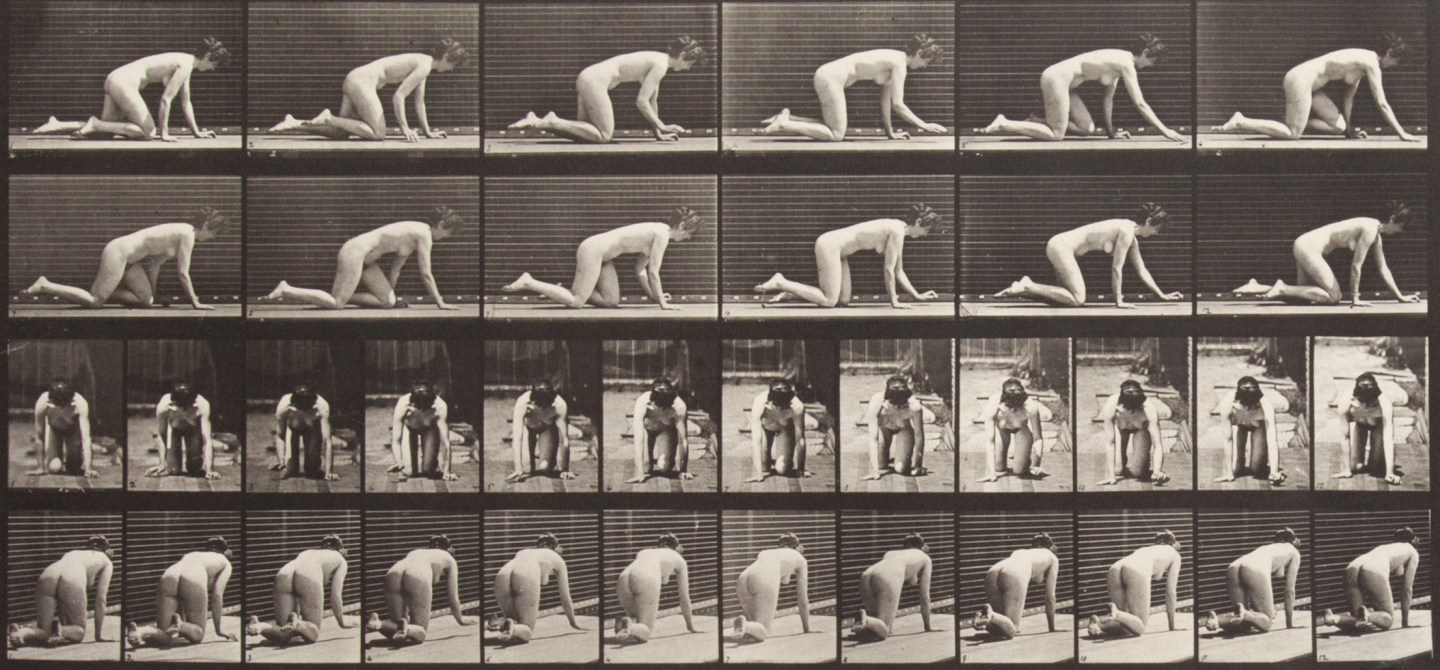 Sepia toned photograph with a grid of 36 panels showing a nude woman crawling; 12 panels are in profile, 12 panels are head on, and 12 panels are from behind.