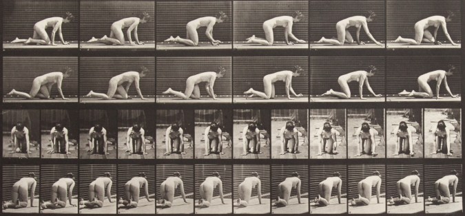 Sepia toned photograph with a grid of 36 panels showing a nude woman crawling; 12 panels are in profile, 12 panels are head on, and 12 panels are from behind.