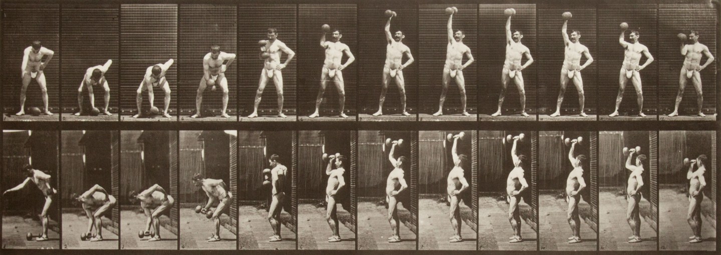 Two rows of small black and white photographs of a nude man lifting a dumbell from the ground and holding it over his head.