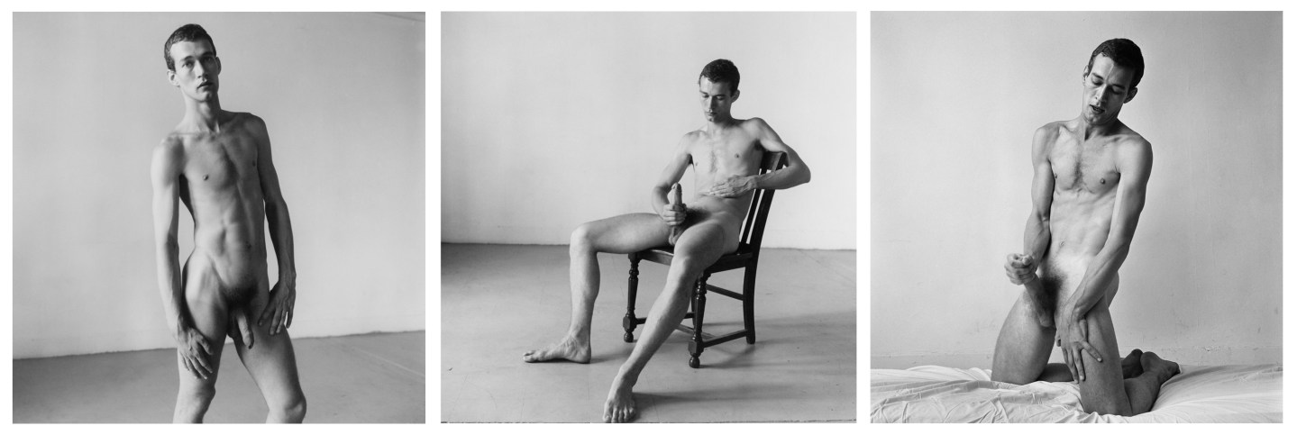 Triptych of black and white photographs of a nude figure in various poses