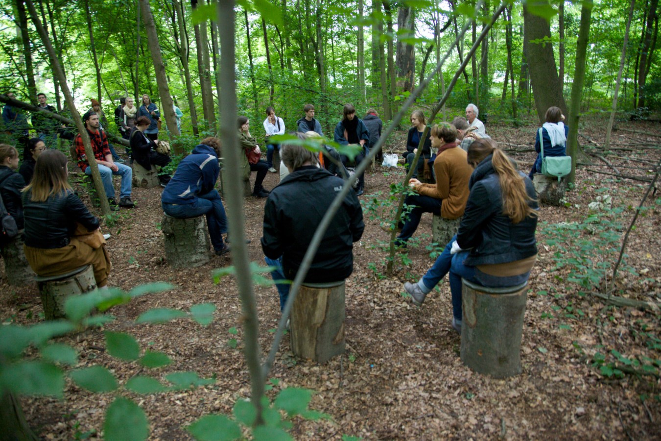 Color photograph of a group of people seated in a forest