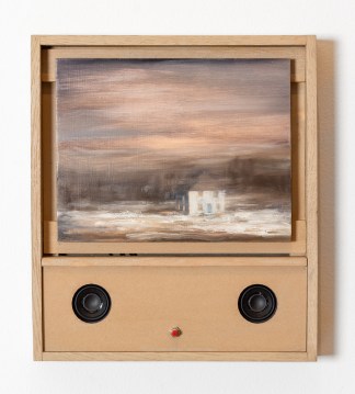 Color image of a mixed media artwork with an oil painting depicting a house in an empty filed attached to a wooden box with two speakers and a red button on a white gallery wall