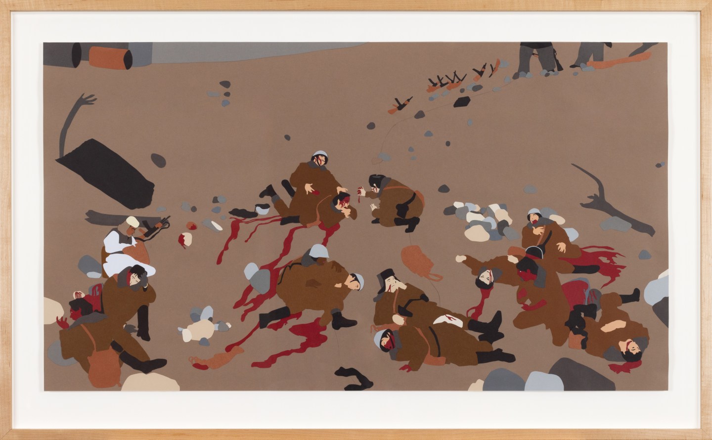 Color image of a paper collage depicting several soldiers in states of injury and death in the style of Jeff Walls dead troops talk framed in wooden frame