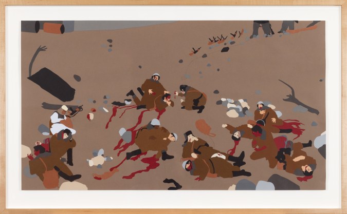 Color image of a paper collage depicting several soldiers in states of injury and death in the style of Jeff Walls dead troops talk framed in wooden frame