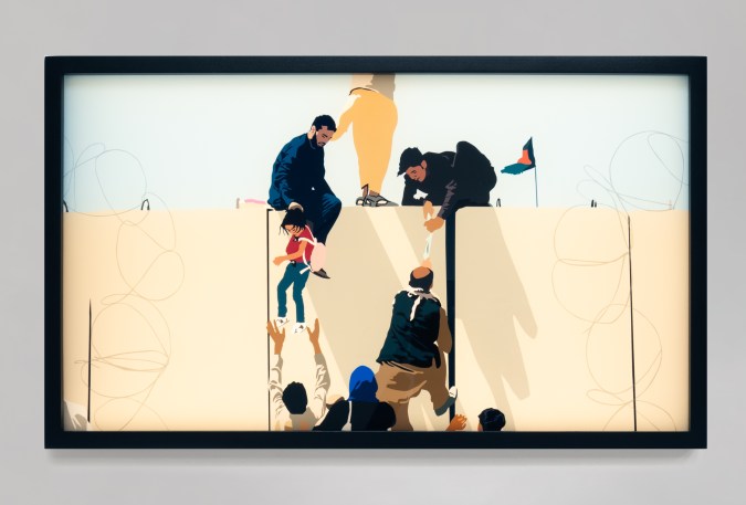 Color image of a transparency in a light box depicting figures crossing a border framed in black