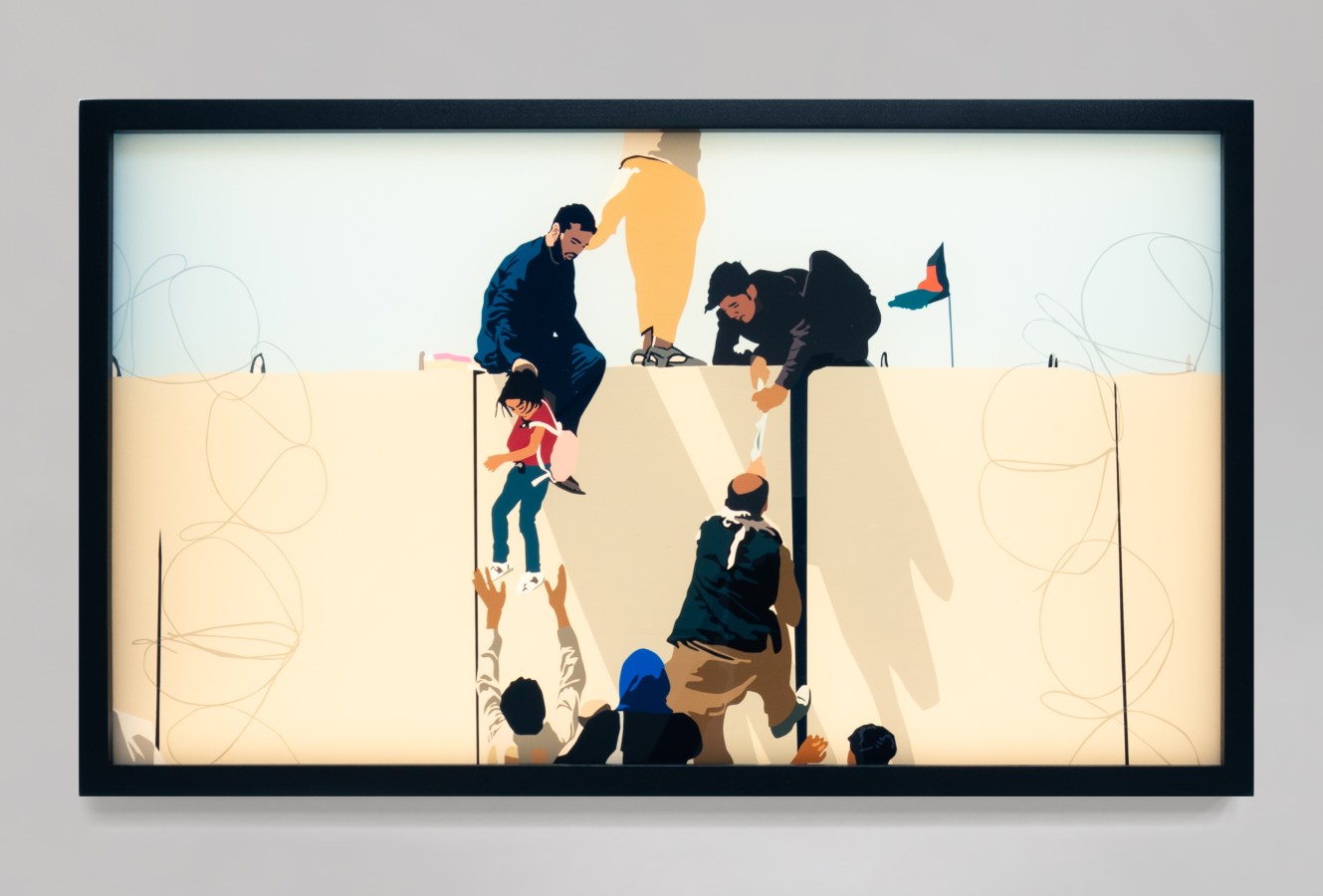 Color image of a transparency in a light box depicting figures crossing a border framed in black