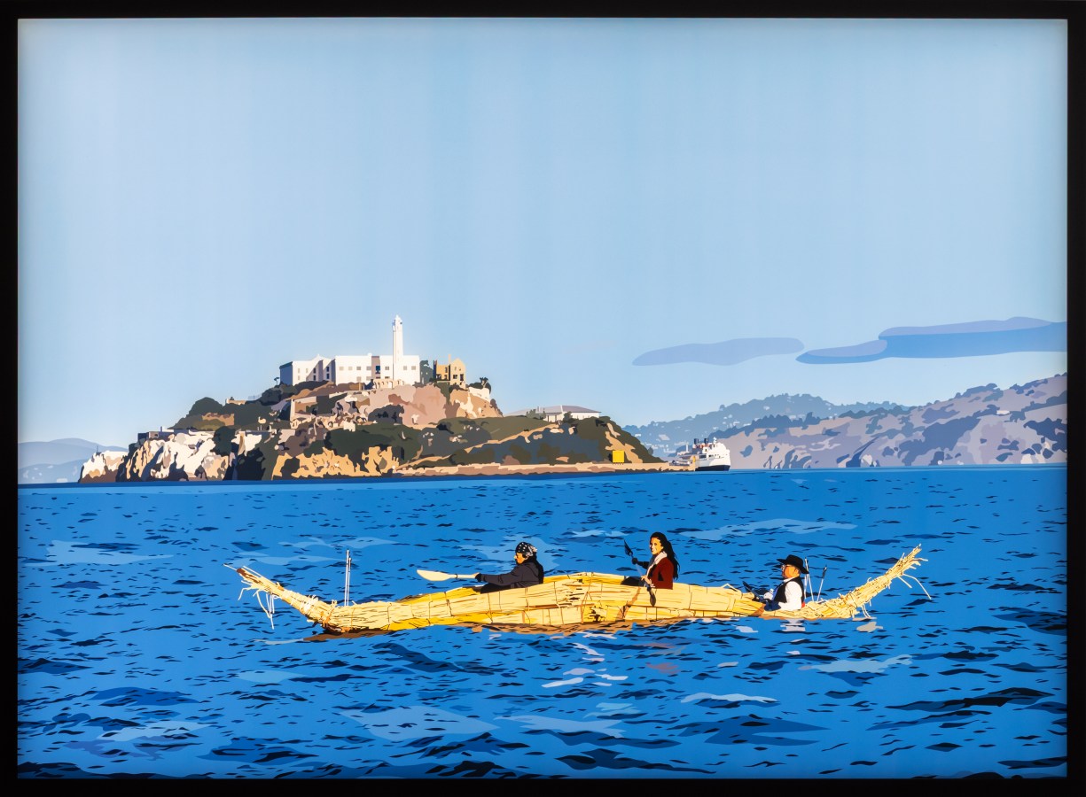 Color lightbox showing three figures in a wooden canoe floating against blue water with the island of Alcatraz in the background