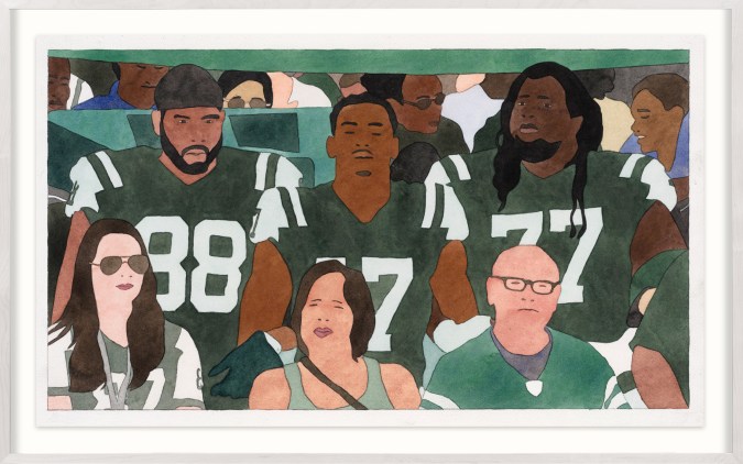 A color image of a framed watercolor painting on paper depicting athletes during the national anthem