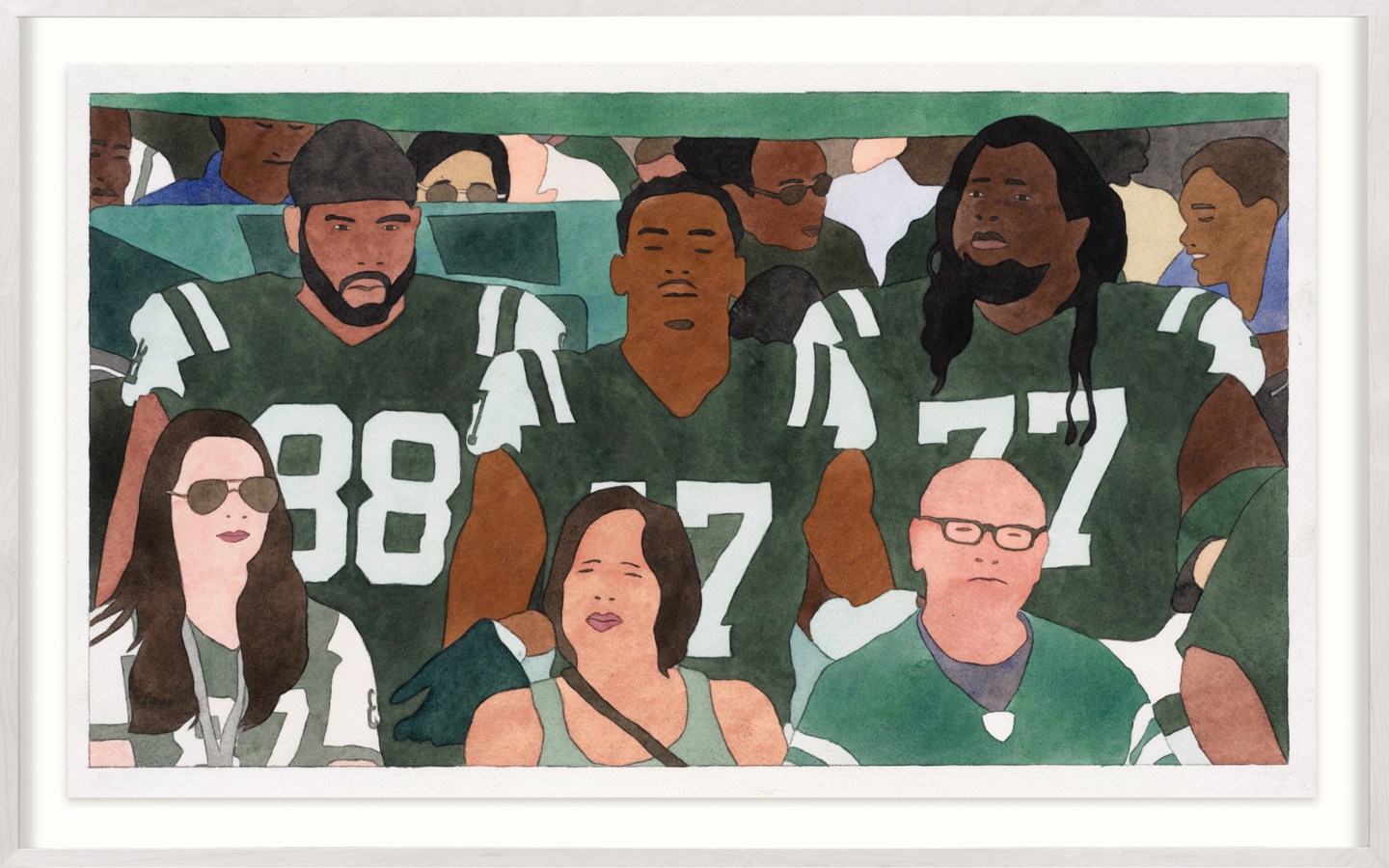 A color image of a framed watercolor painting on paper depicting athletes during the national anthem