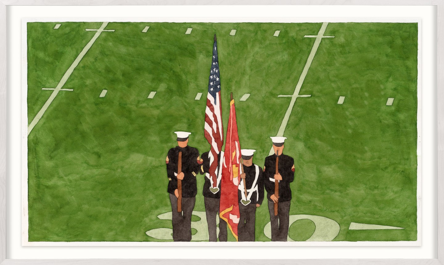 A color image of a framed watercolor painting depicting four service members with flags during the national anthem