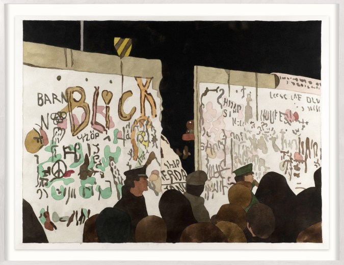 A color image of a framed watercolor painting depicting the Berlin Wall being demolished with crowd of onlookers at night