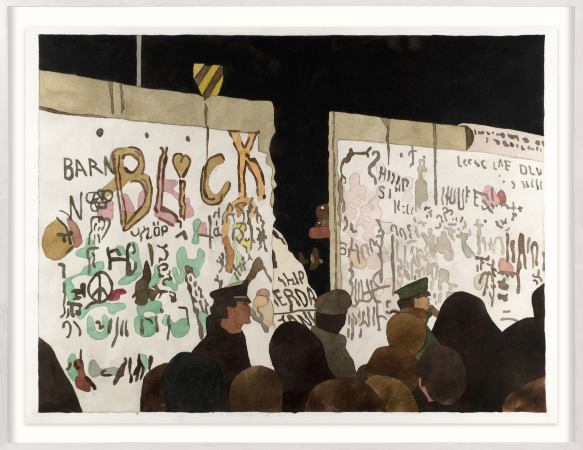 A color image of a framed watercolor painting depicting the Berlin Wall being demolished with crowd of onlookers at night