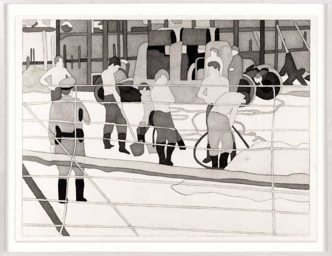 A color image of a framed watercolor painting depicting a group of shirtless figures laboring under the watch of armed uniformed figures