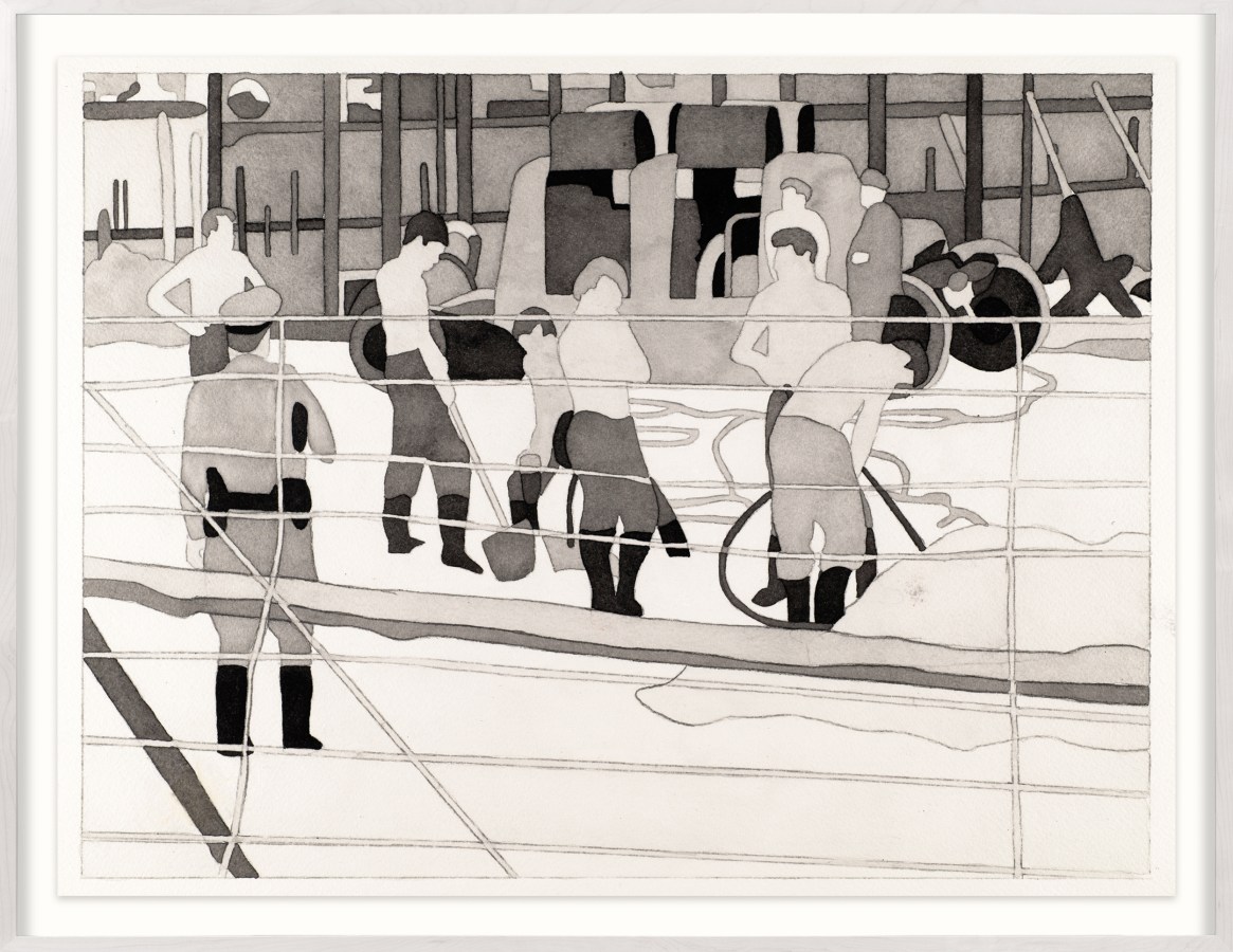 A color image of a framed watercolor painting depicting a group of shirtless figures laboring under the watch of armed uniformed figures