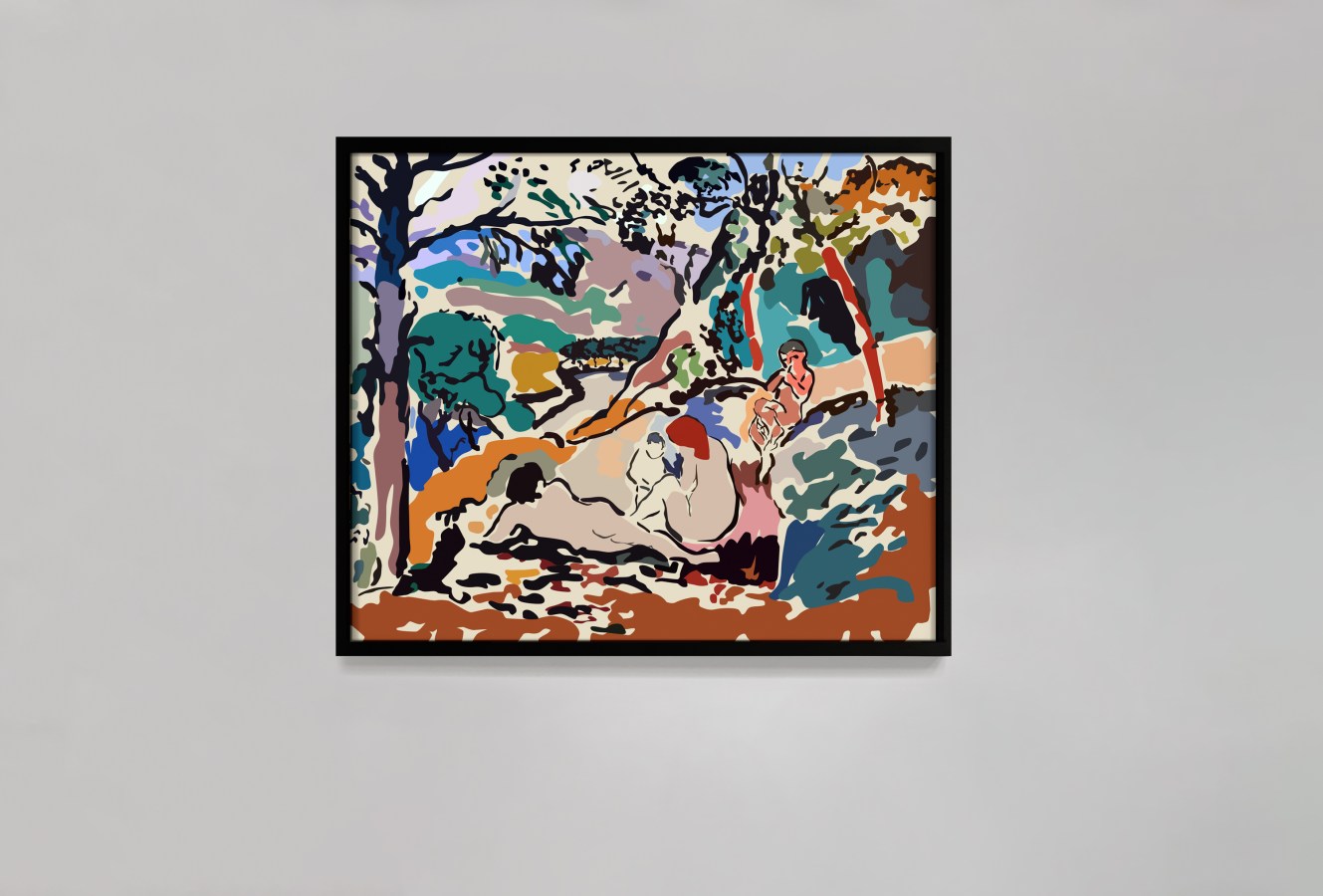 Color photograph of a light box with a digital rendering of a painting featuring four nude figures in repose within nature framed in black