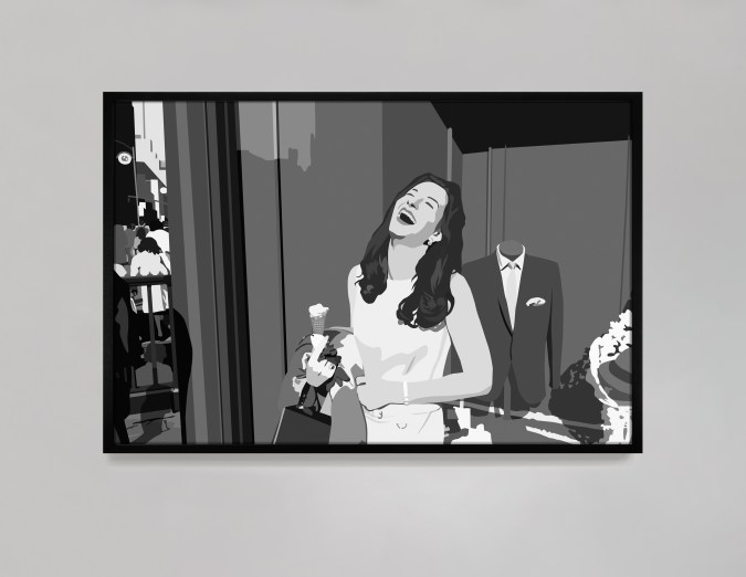 Black and white digital rendering of a figure laughing in front of a store while holding ice cream framed in black