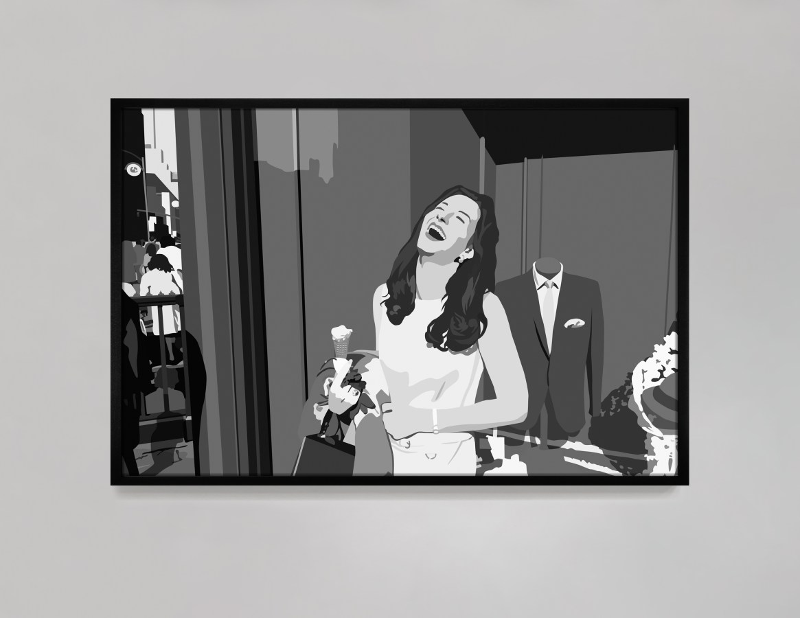 Black and white digital rendering of a figure laughing in front of a store while holding ice cream framed in black