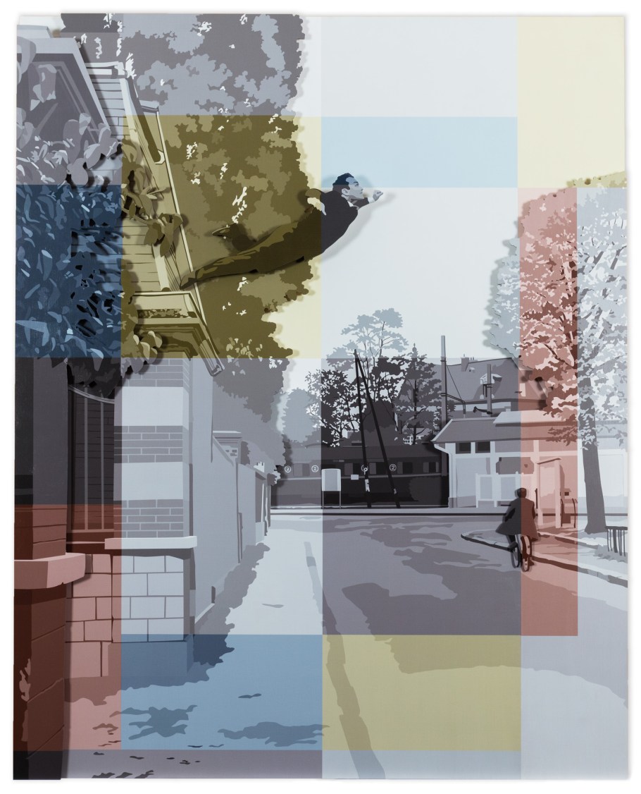 Color image of a mixed media artwork depicting a figure in a suit jumping onto the sidewalk