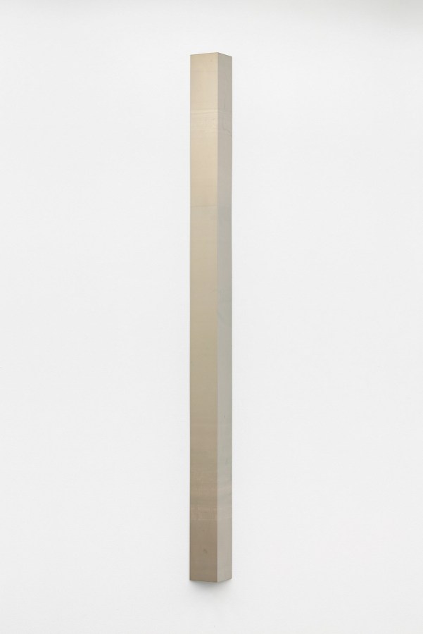 Color image of a unique gold toned photogram column on white wall