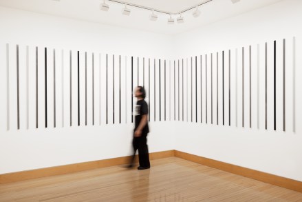 Color image of person walking through gallery with photograms on white gallery wall