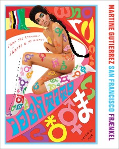 Poster of a collage of a woman kneeling with multicolored symbols for gender pasted on her body.