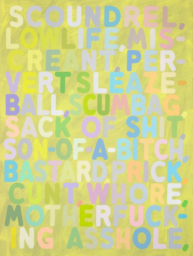 Silkscreen of synonyms for the word scoundrel in multicolored letters on a painted yellow background