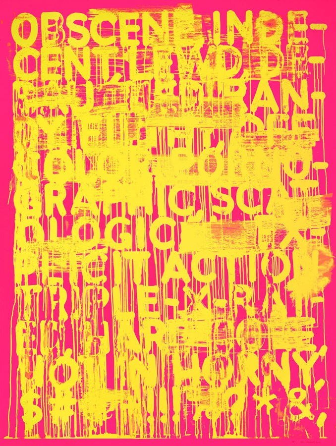 Silkscreen of synoyms for the word obscene in yellow text on a pink background