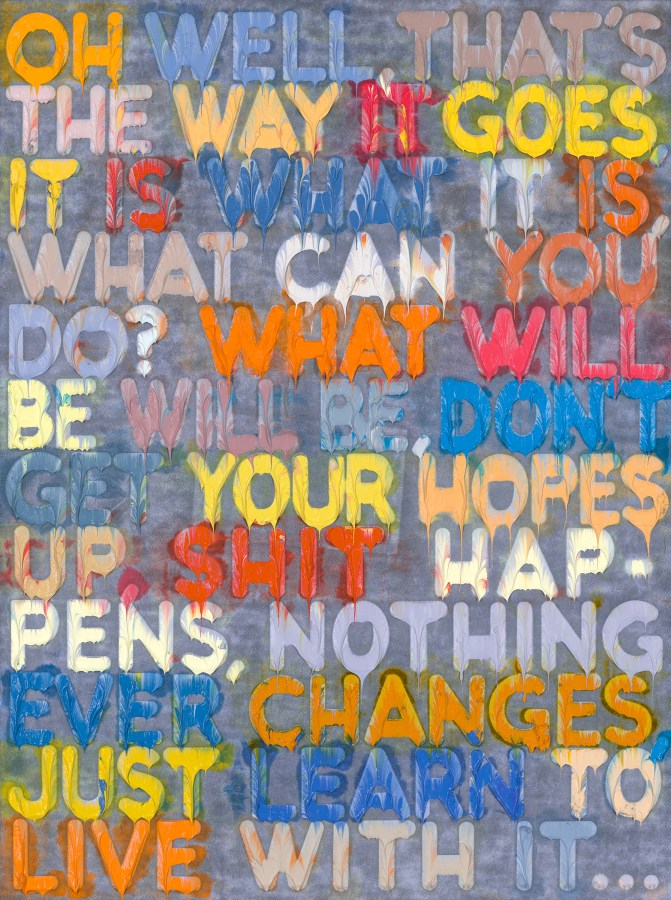 Color image of oil painting with several phrases in varying colors