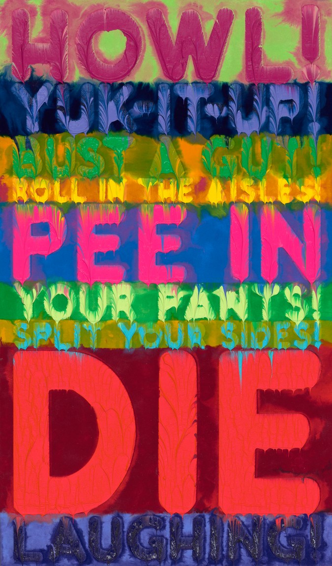 Color image of an oil painting with words and phrases in varying colors