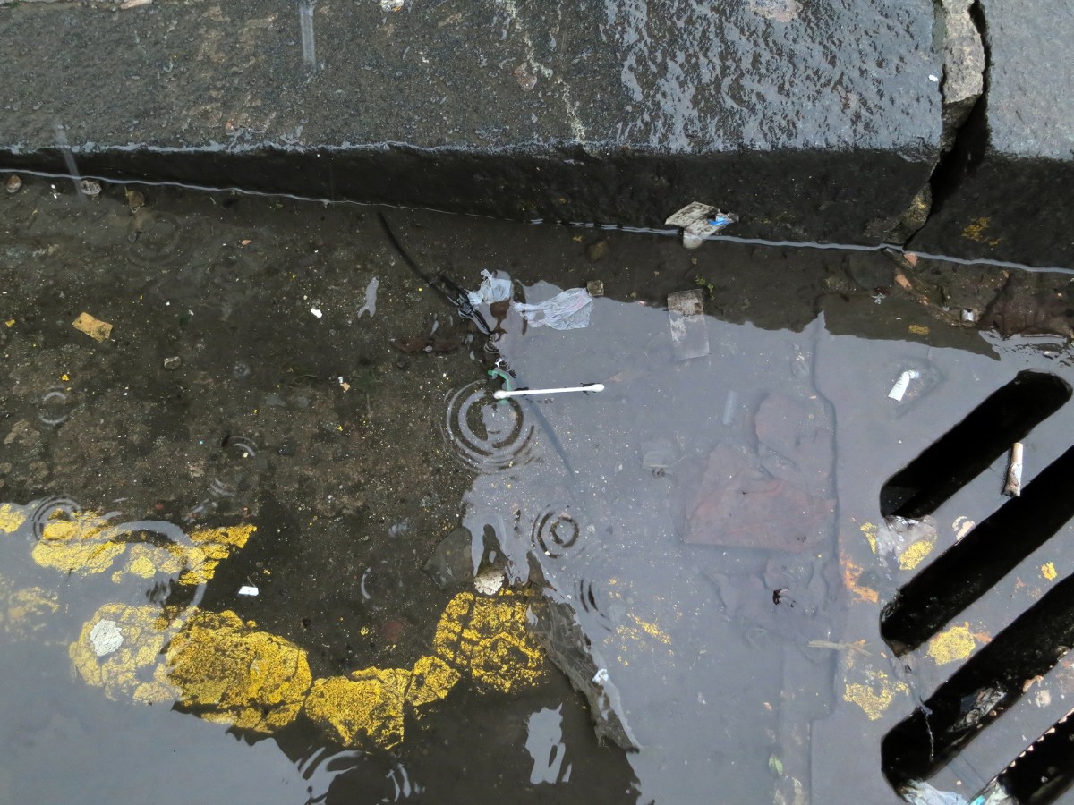A photograph of a q-tip in a puddle on the side of the road, near the sidewalk curb.